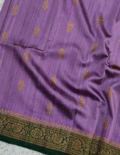 Handloom Pure Raw Silk Saree in Lavender with Emerald Green Antique Zari Border
