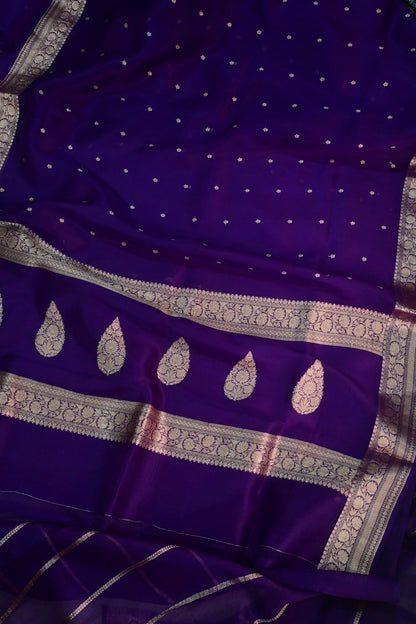 Deep Purple Handwoven Pure Kora Silk Saree with Gold Zari Weaving