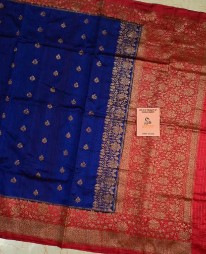 Royal Blue & Crimson Red Handloom Pure Raw Silk Banarasi Saree with Antique Zari