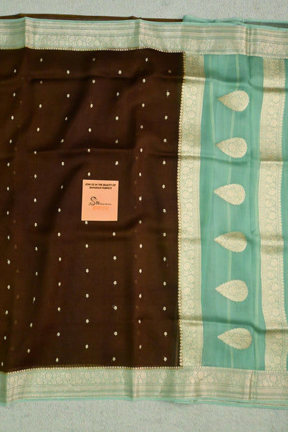 Chocolate Brown & Mint Green Handwoven Pure Kora Organza Silk Saree