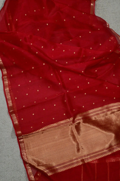 Pure Classic Red handwoven Kora organza saree