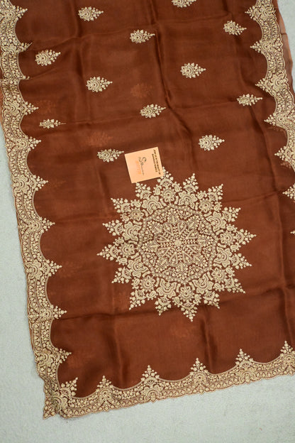 Rust Brown Handwoven Pure Organza Saree with Intricate Gold Embroidery & Scalloped Cutwork Border