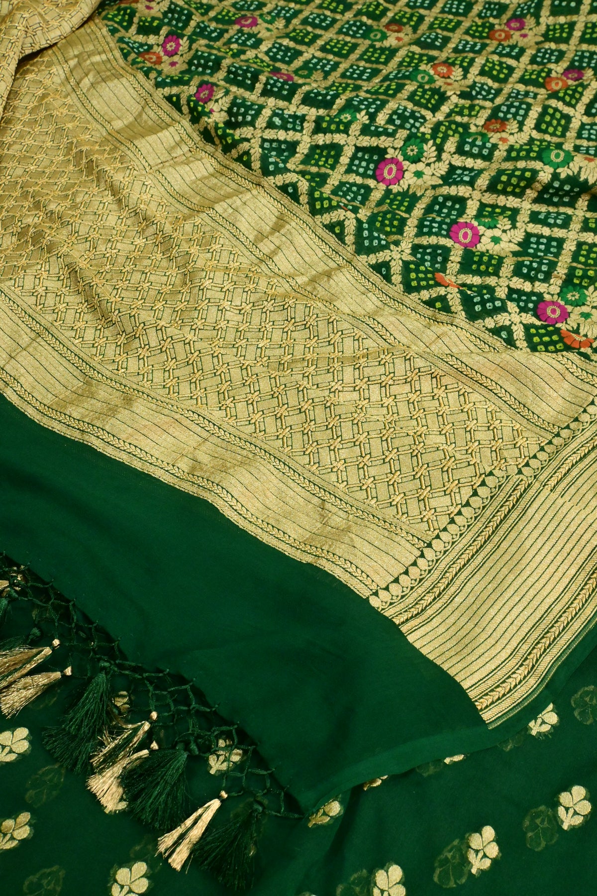 Handwoven Pure Khaddi Georgette Suit Set with Bandhani & Banarasi Minakari Dupatta – Emerald Green