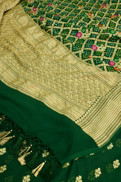 Handwoven Pure Khaddi Georgette Suit Set with Bandhani & Banarasi Minakari Dupatta – Emerald Green