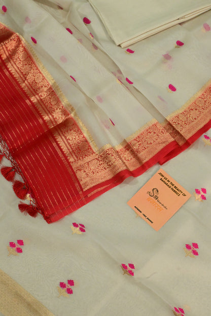 Off-White Handwoven Pure Kora Silk Suit Set with Pink Minakari Bootis & Red Zari Dupatta