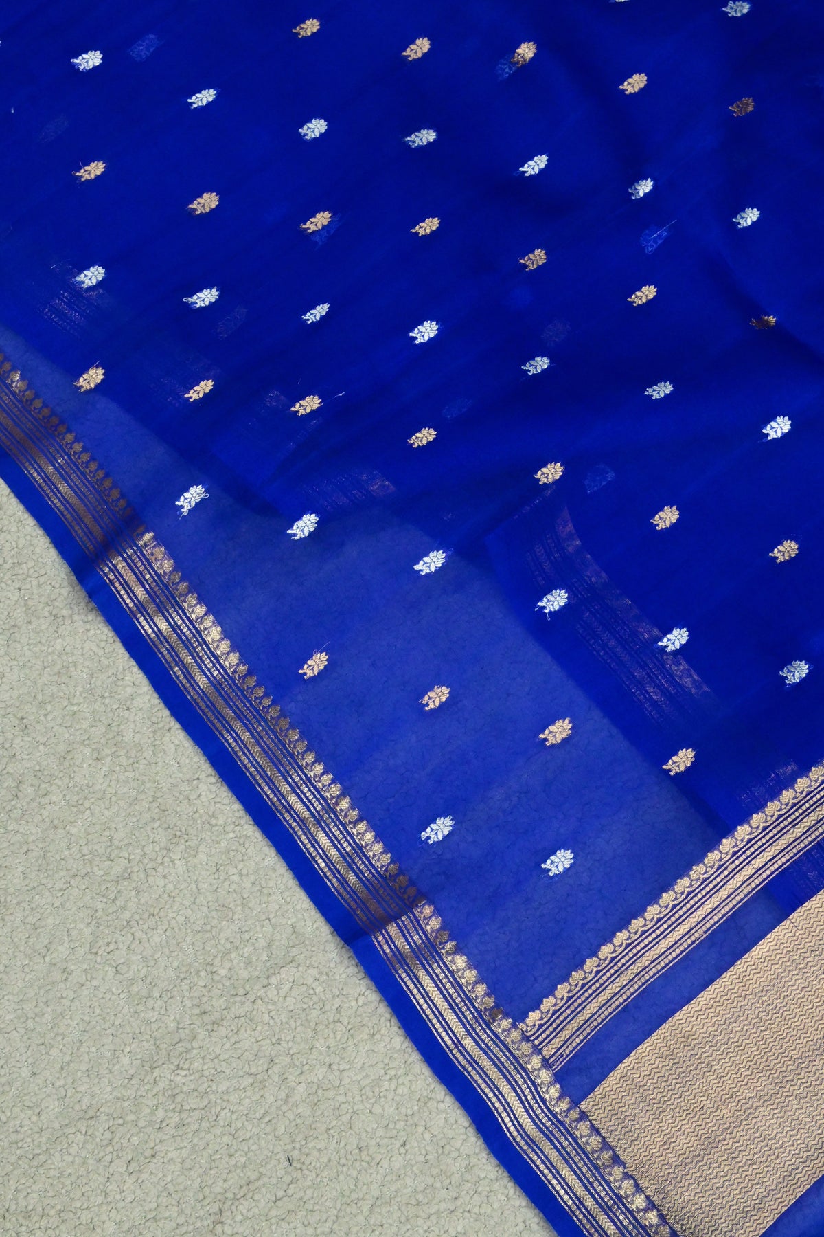 Royal Blue Handwoven Pure Kora Silk Saree with Gold & Silver Zari Butta