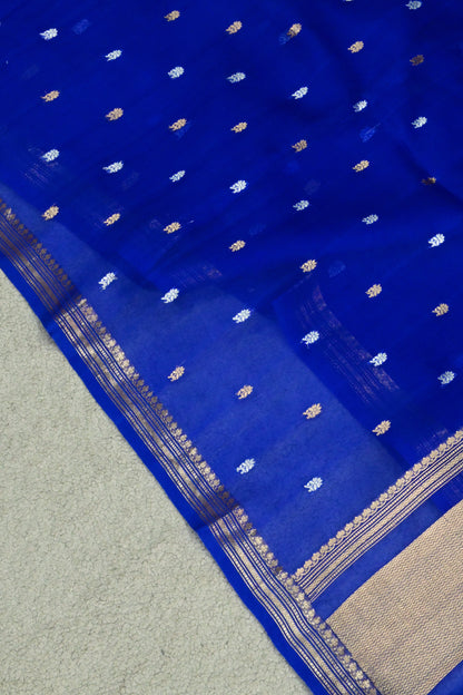 Royal Blue Handwoven Pure Kora Silk Saree with Gold & Silver Zari Butta