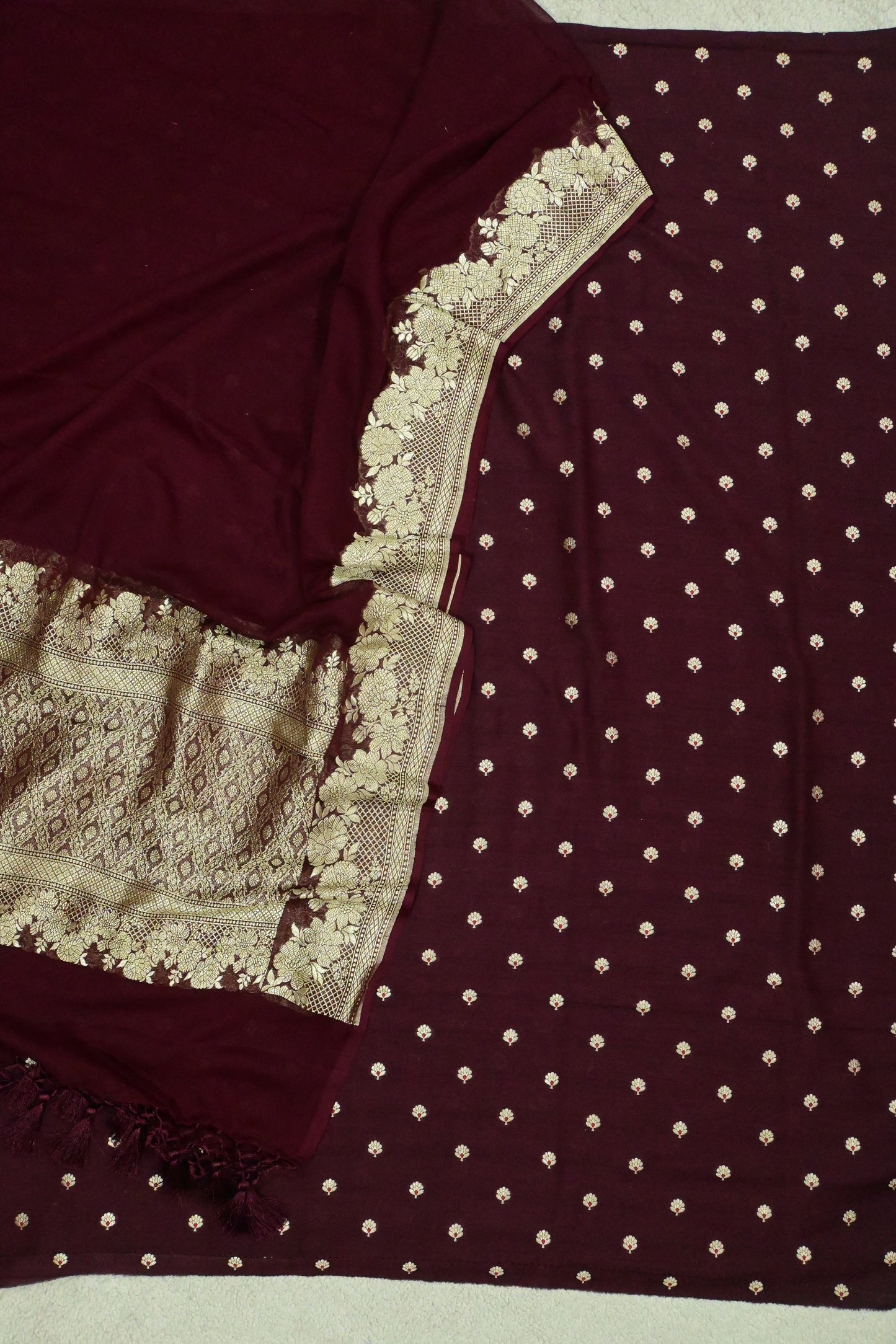Handwoven Pure Khaddi Georgette Banarasi Unstitched Suit Set with Zari Weave – Deep Wine