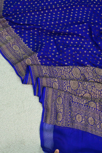 Handwoven pure deep royal blue Khaddi Georgette saree