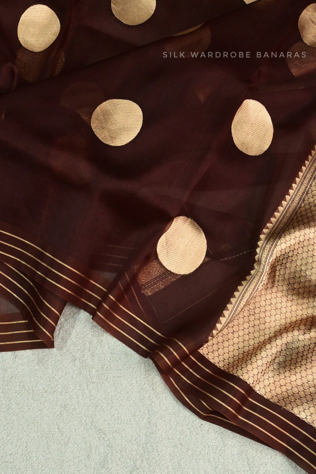 Deep Chocolate Brown Pure Kora Silk Saree with Golden Zari Polka Dots