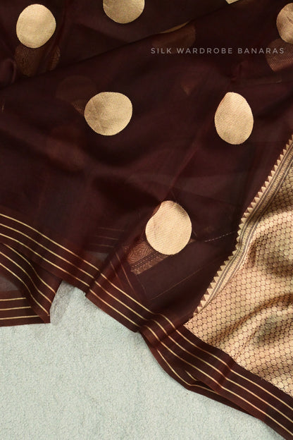 Deep Chocolate Brown Pure Kora Silk Saree with Golden Zari Polka Dots