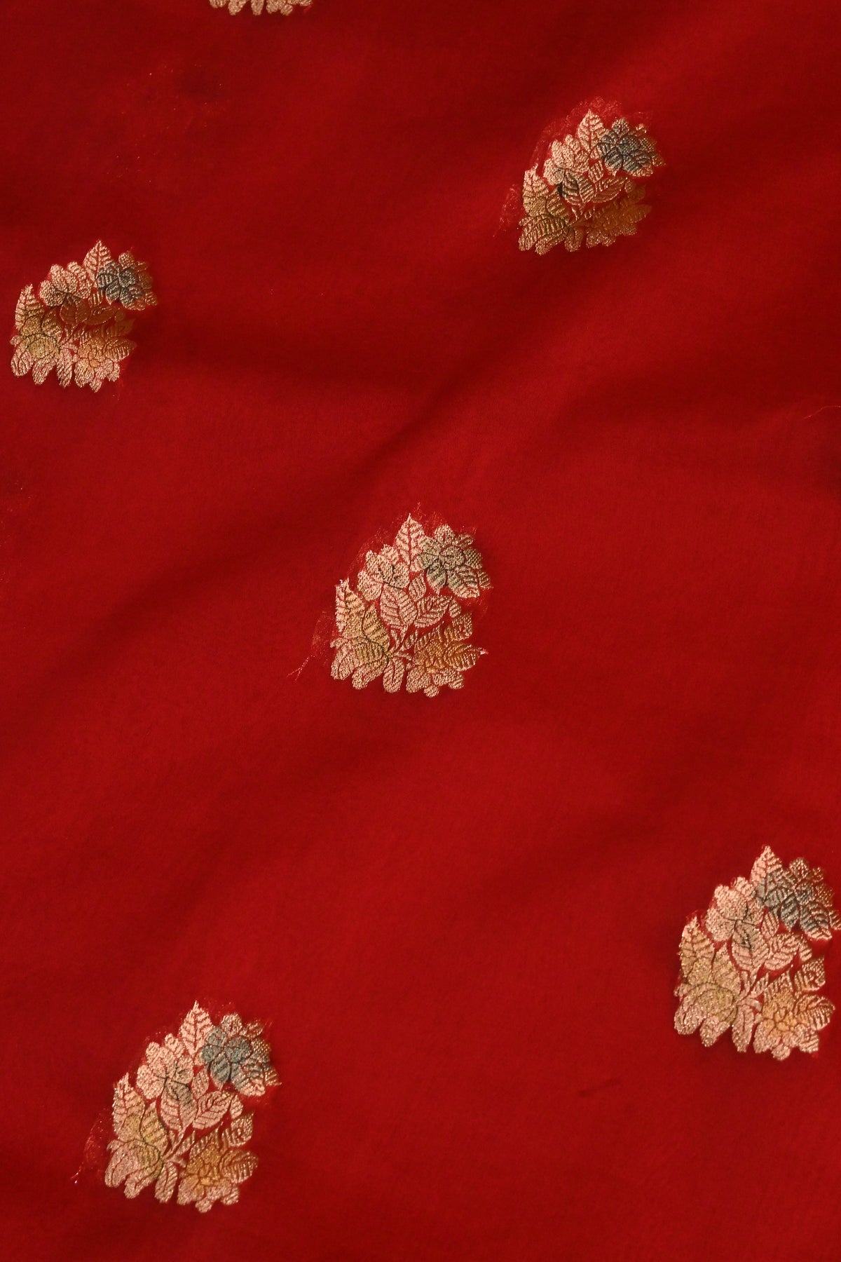 Handwoven Crimson Red Pure Kora Silk Saree with Gold Zari Weaving & Handbrush Work
