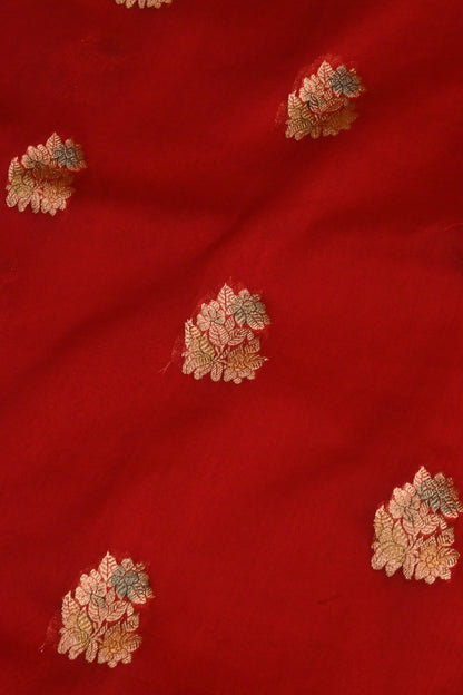 Handwoven Crimson Red Pure Kora Silk Saree with Gold Zari Weaving & Handbrush Work