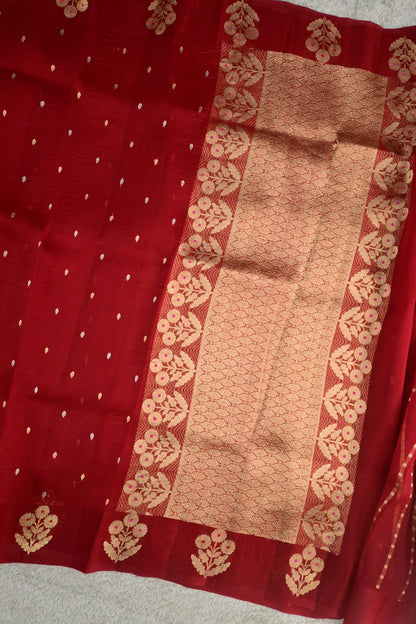 Handloom Red Pure Kora Silk Saree with Gold Zari Weave