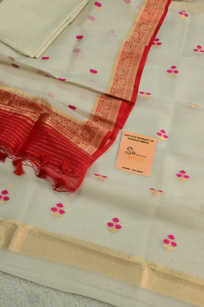 Off-White Handwoven Pure Kora Silk Suit Set with Pink Minakari Bootis & Red Zari Dupatta