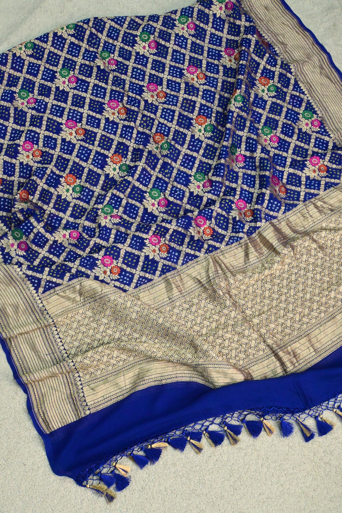 Royal Blue Handwoven Pure Khaddi Georgette Unstitched Suit Set with Bandhani & Meenakari Dupatta | Gold Zari Weaving
