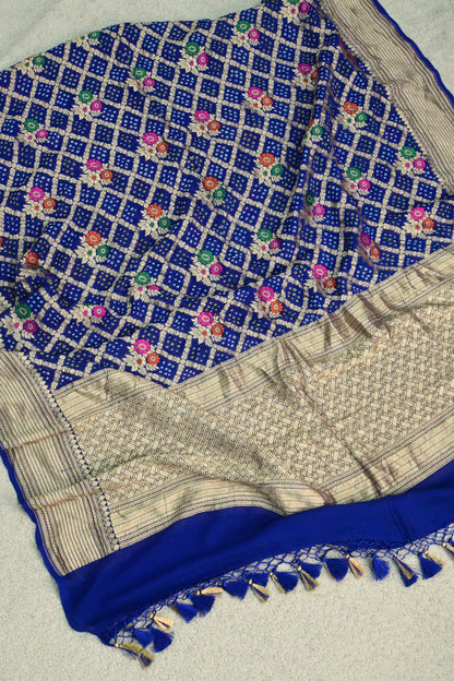 Royal Blue Handwoven Pure Khaddi Georgette Unstitched Suit Set with Bandhani & Meenakari Dupatta | Gold Zari Weaving