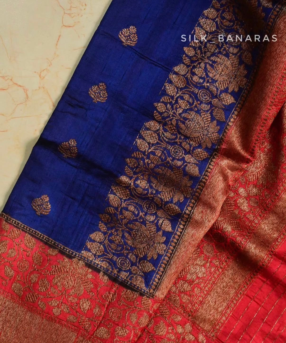 Royal Blue & Crimson Red Handloom Pure Raw Silk Banarasi Saree with Antique Zari