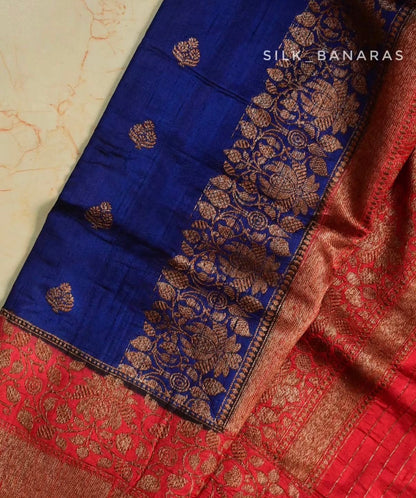 Royal Blue & Crimson Red Handloom Pure Raw Silk Banarasi Saree with Antique Zari