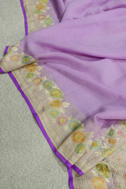 Handloom Pure Khaddi Georgette Banarasi Saree in Lavender with Platinum Zari & Meenakari