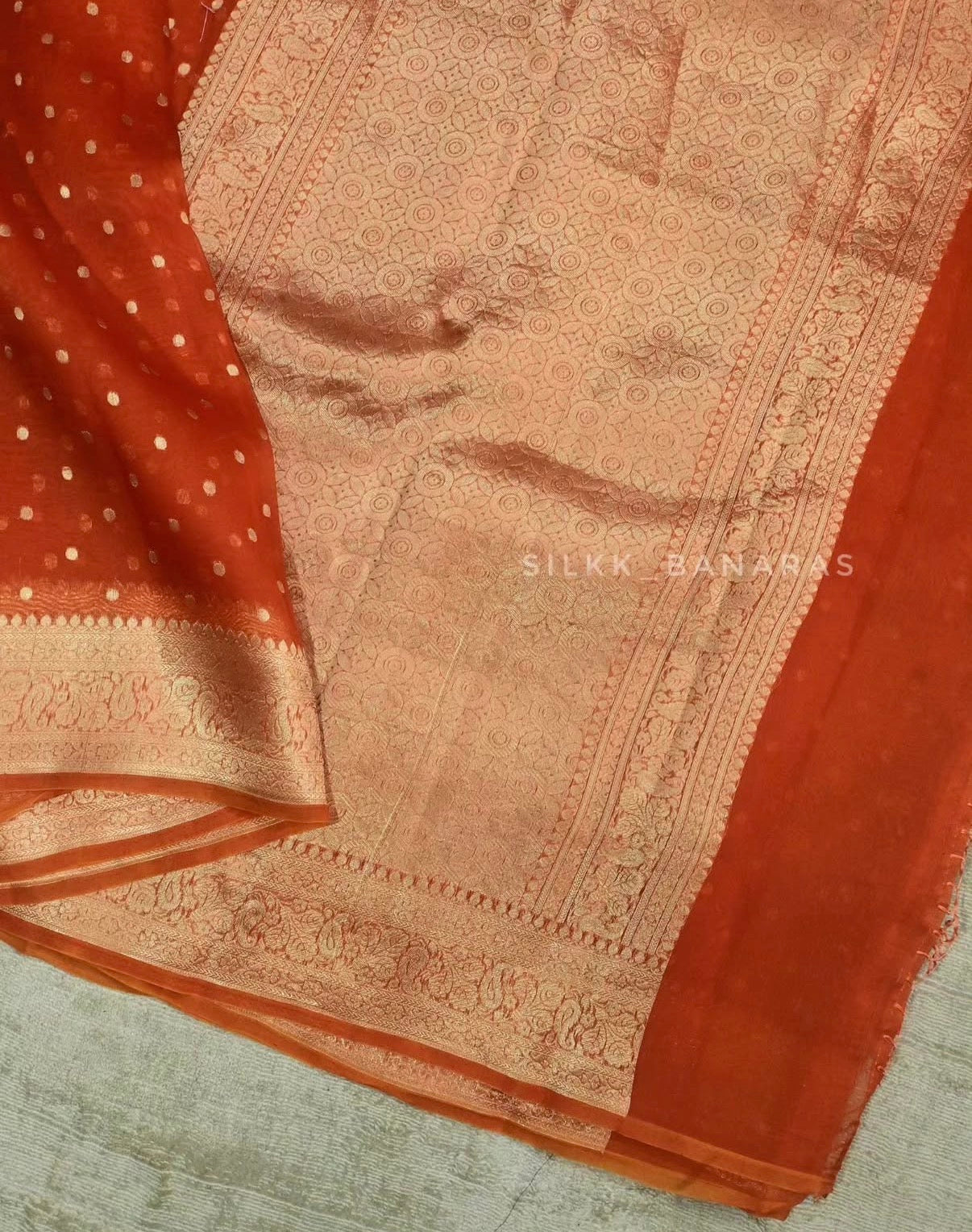 Rust Handloom Pure Kora Organza Banarasi Saree with Zari Buti