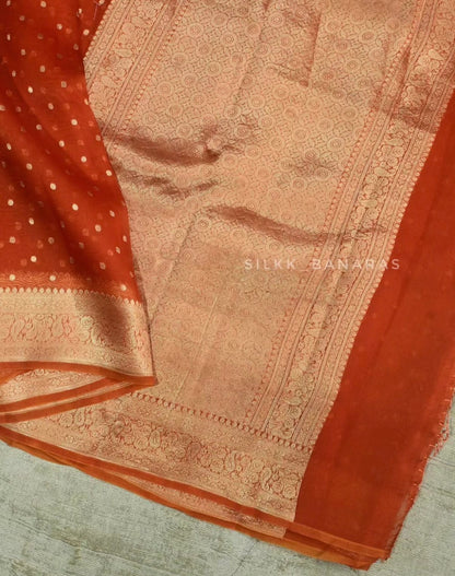 Rust Handloom Pure Kora Organza Banarasi Saree with Zari Buti