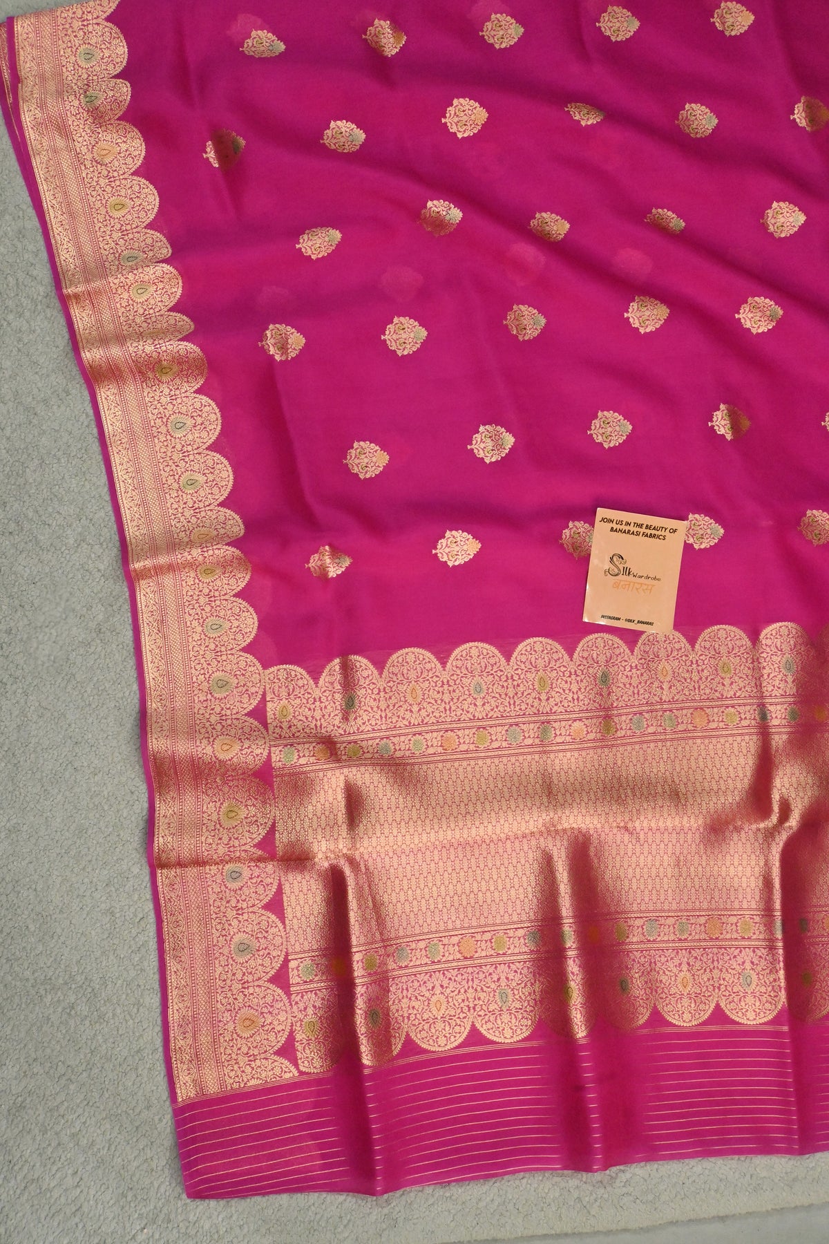 Pure Kora Silk Saree in the Pink with Gold Zari & Minakari Details
