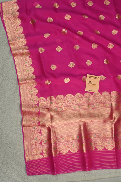 Pure Kora Silk Saree in the Pink with Gold Zari & Minakari Details