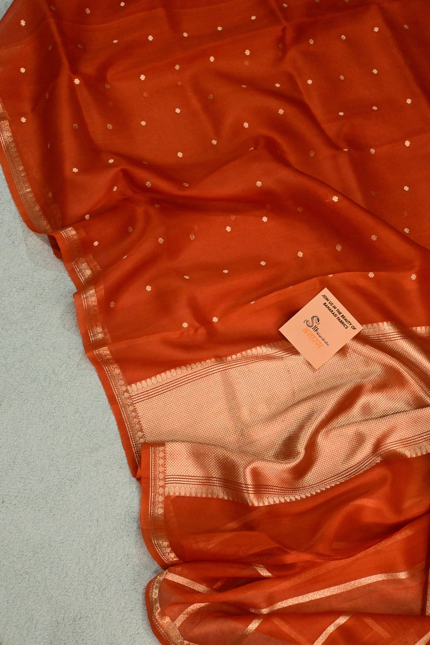 Beautiful rust orange handwoven Kora Silk Saree