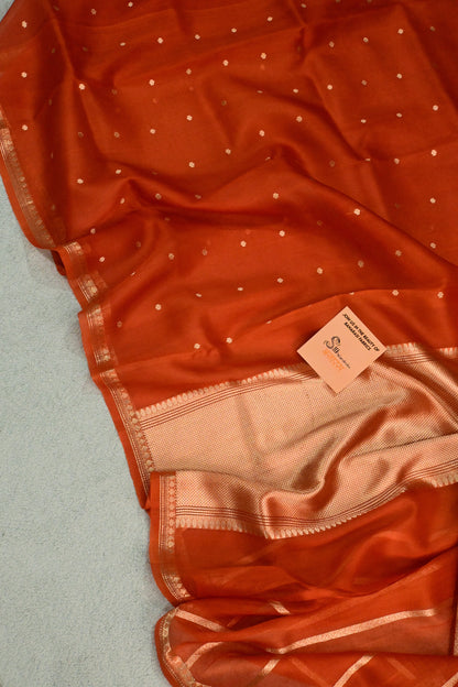 Beautiful rust orange handwoven Kora Silk Saree
