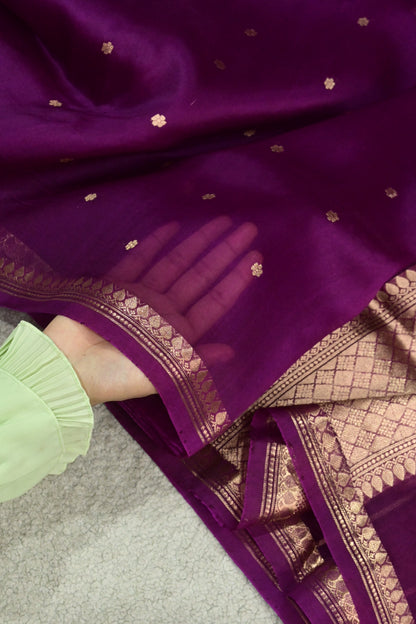 Regal Plum Handloom Kora Silk Saree with Gold Zari Weave