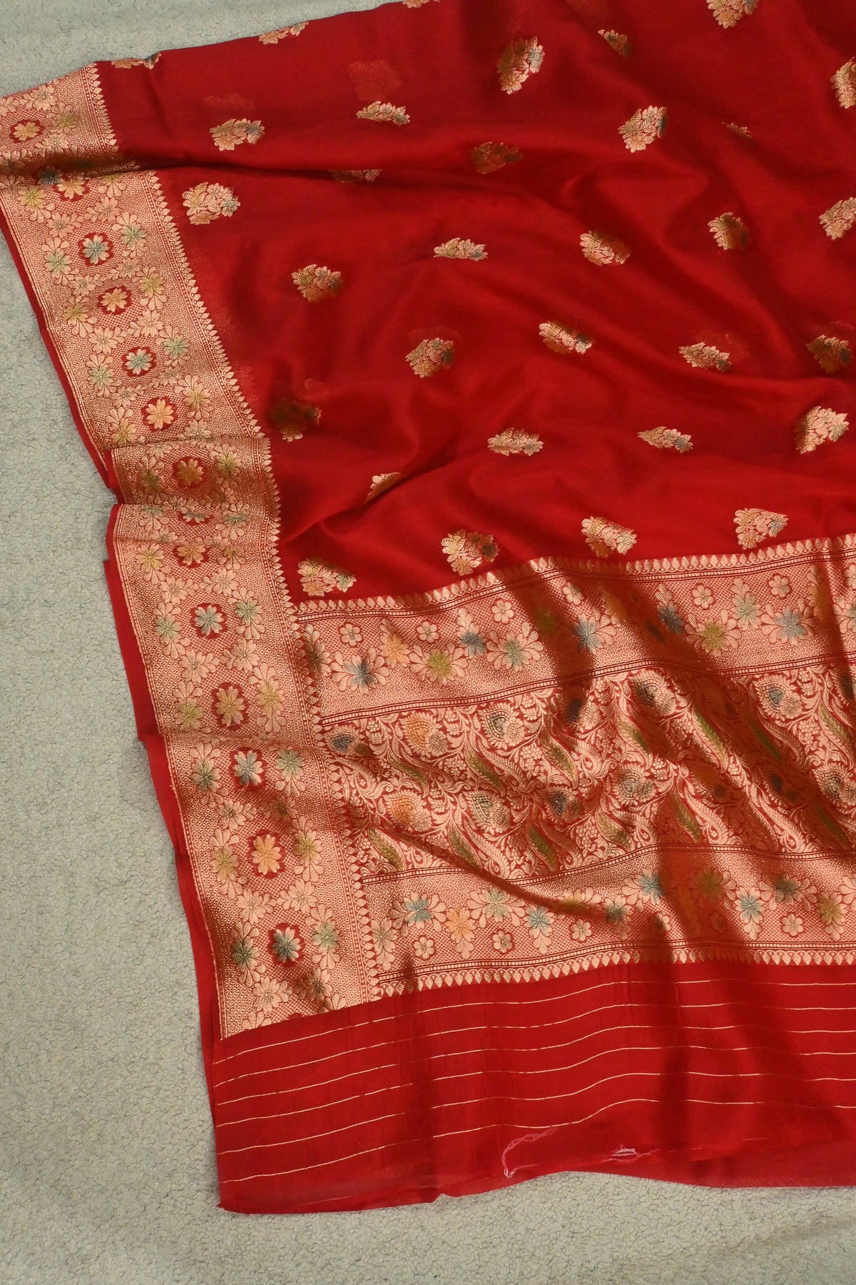 Handwoven Crimson Red Pure Kora Silk Saree with Gold Zari Weaving & Handbrush Work