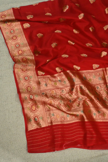 Handwoven Crimson Red Pure Kora Silk Saree with Gold Zari Weaving & Handbrush Work