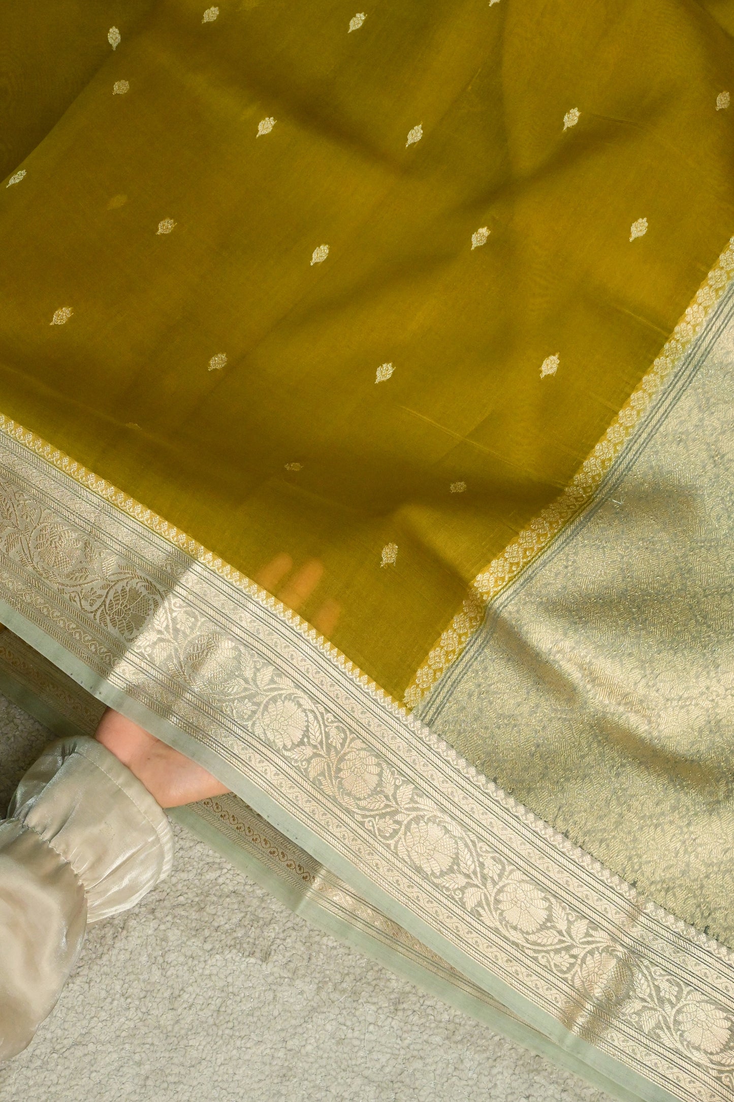 Pure Kora Organza Handloom Saree in Warm Mustard and Mint Green Border