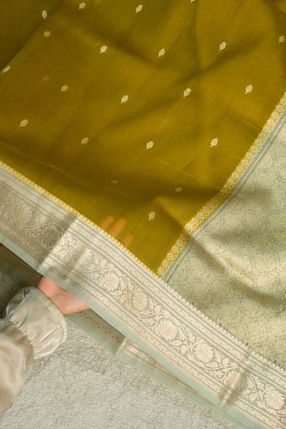 Pure Kora Organza Handloom Saree in Warm Mustard and Mint Green Border