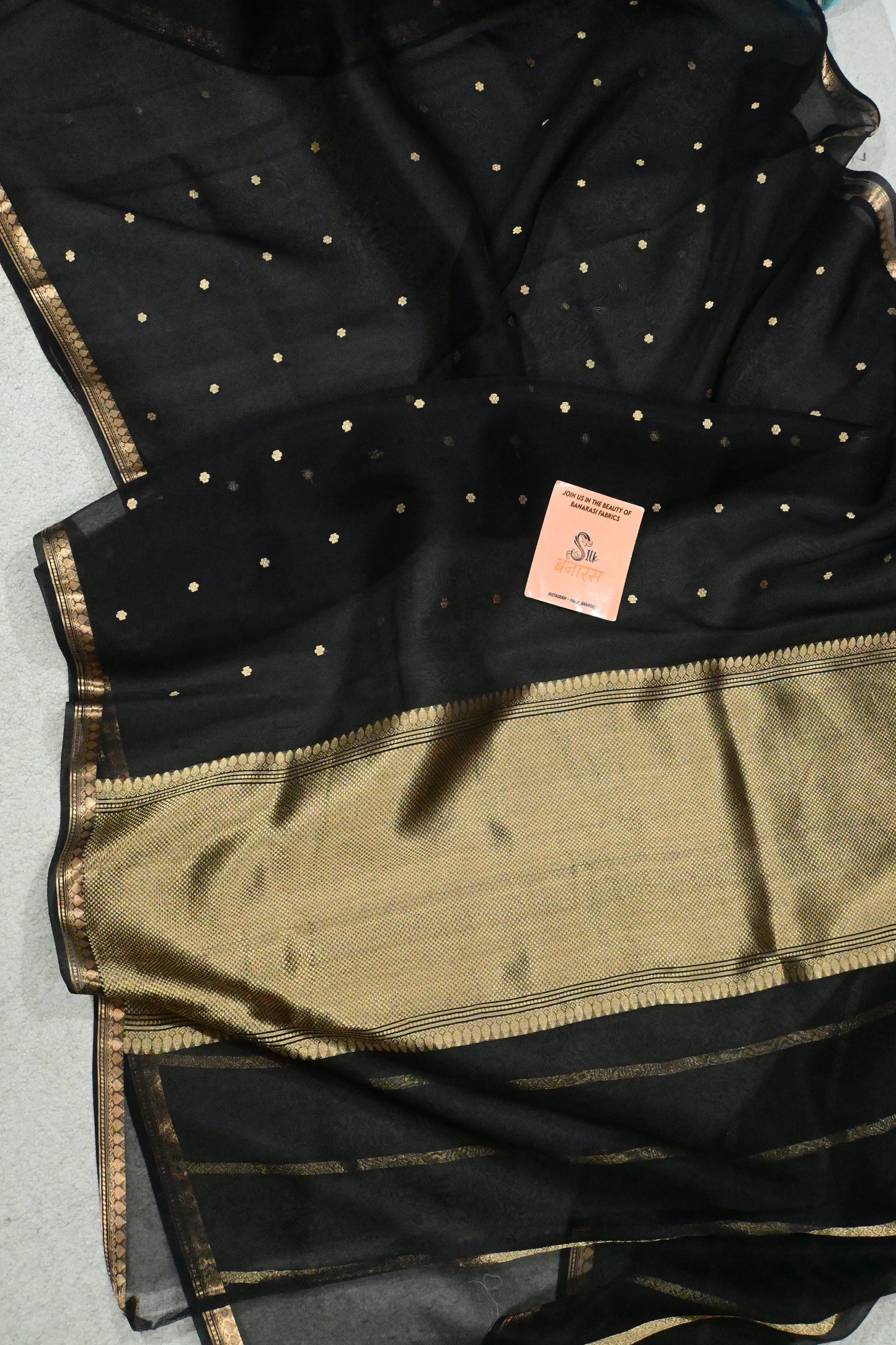 Classic Black Pure Kora Organza Silk Saree with Gold Booti & Zari Border