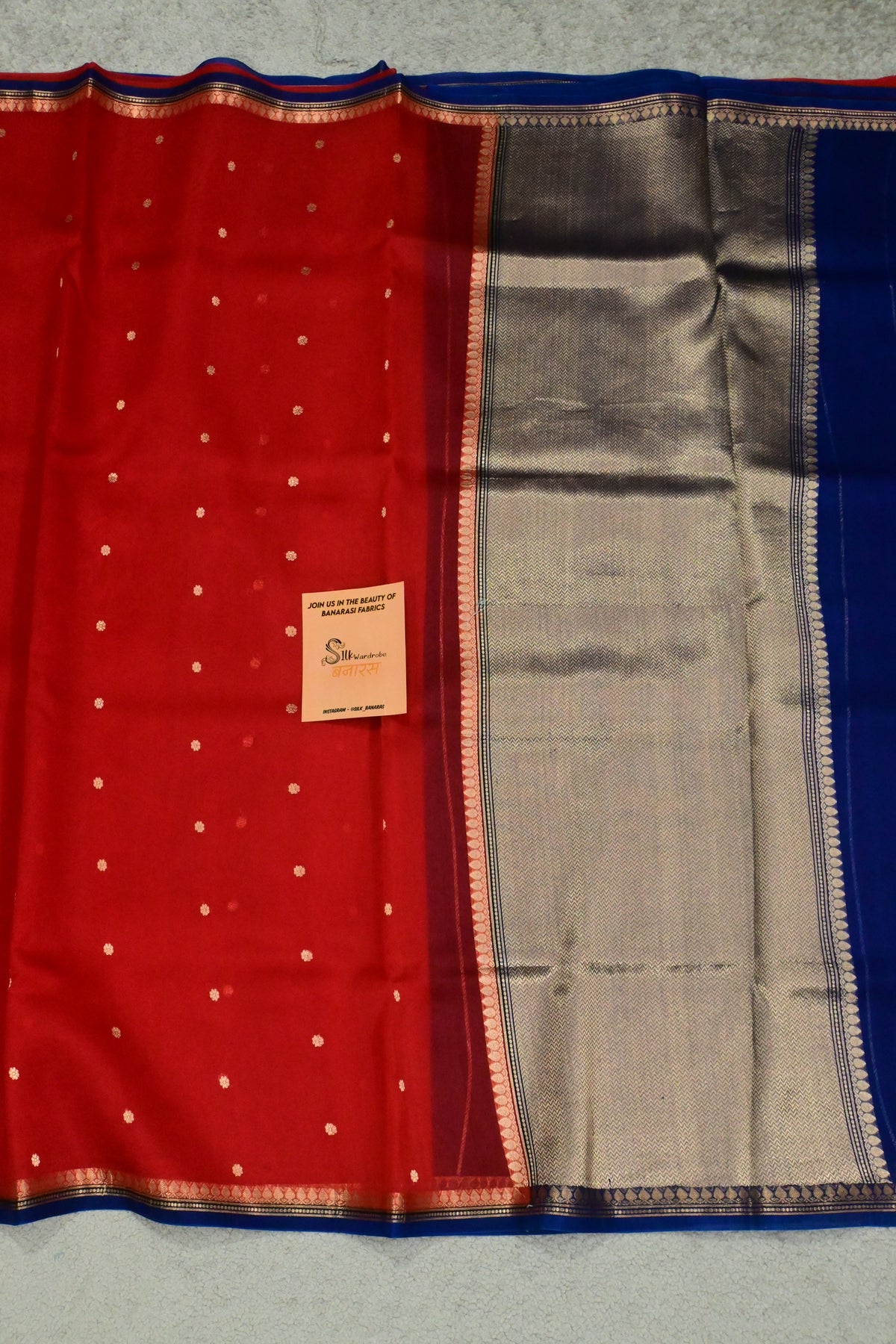 Handwoven Pure Kora Silk Banarasi Saree in Crimson Red with Royal Blue Pallu & Gold Zari Weaving