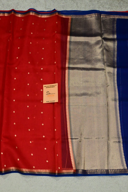 Handwoven Pure Kora Silk Banarasi Saree in Crimson Red with Royal Blue Pallu & Gold Zari Weaving