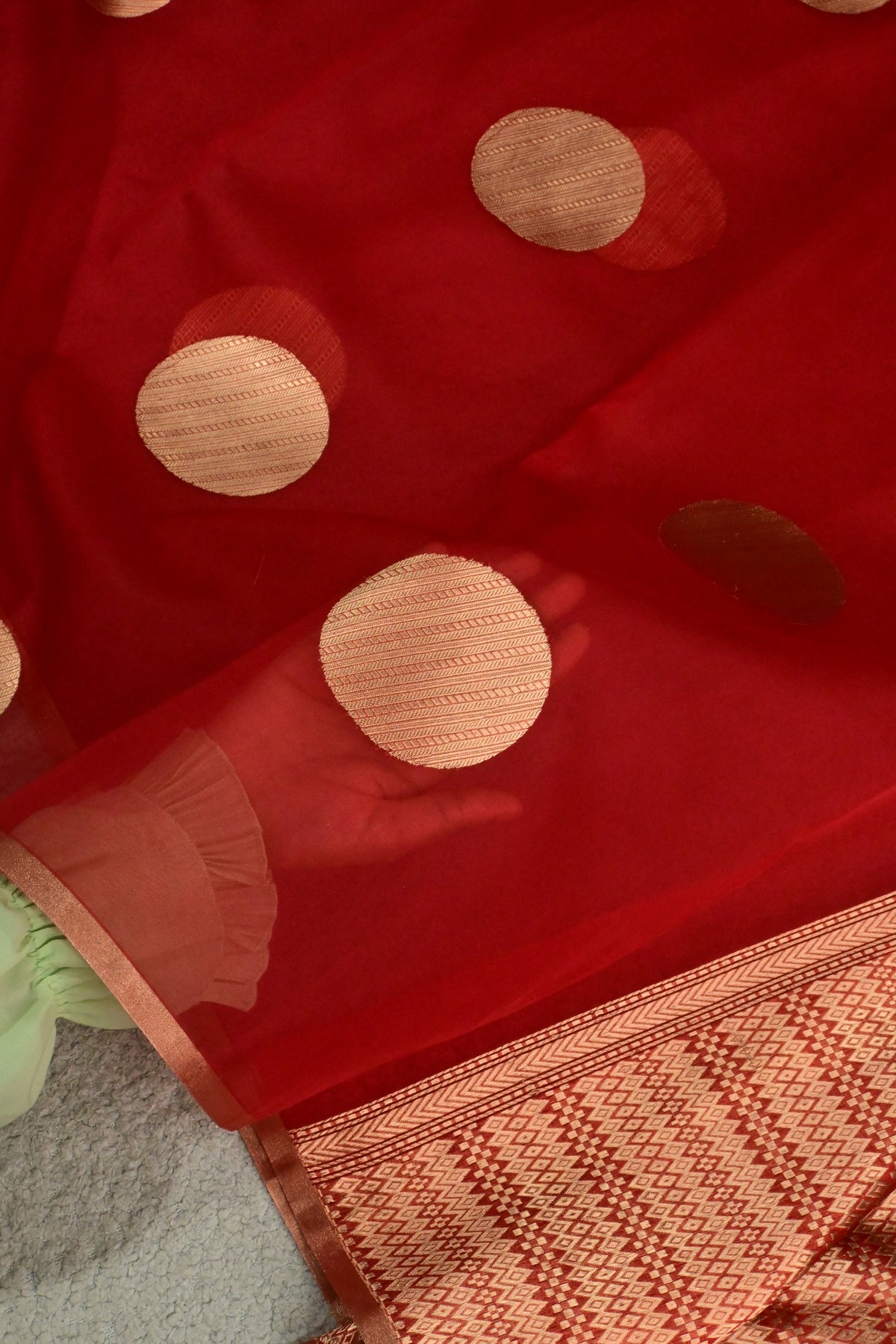 Handloom Pure Kora Silk Banarasi Saree in Red with Gold Zari Polka Dots