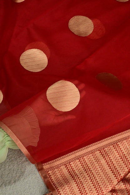 Handloom Pure Kora Silk Banarasi Saree in Red with Gold Zari Polka Dots
