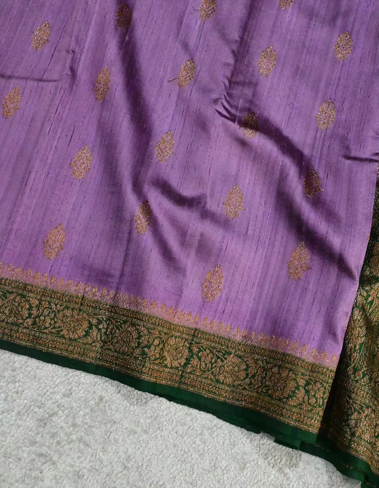 Handloom Pure Raw Silk Saree in Lavender with Emerald Green Antique Zari Border