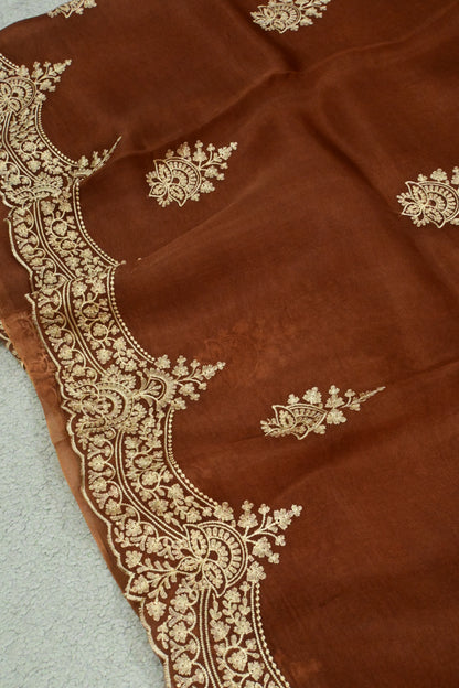 Rust Brown Handwoven Pure Organza Saree with Intricate Gold Embroidery & Scalloped Cutwork Border