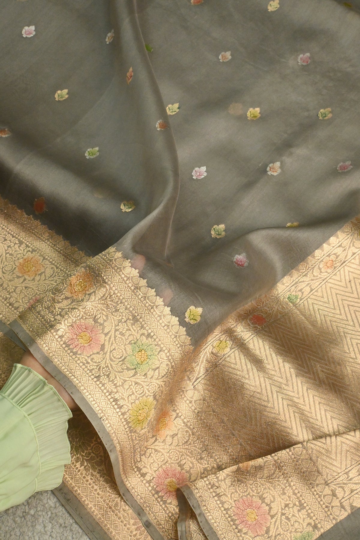 Handwoven Pure Kora Silk Saree with Gold Zari Weaving & Meenakari Brush Work – Slate Grey