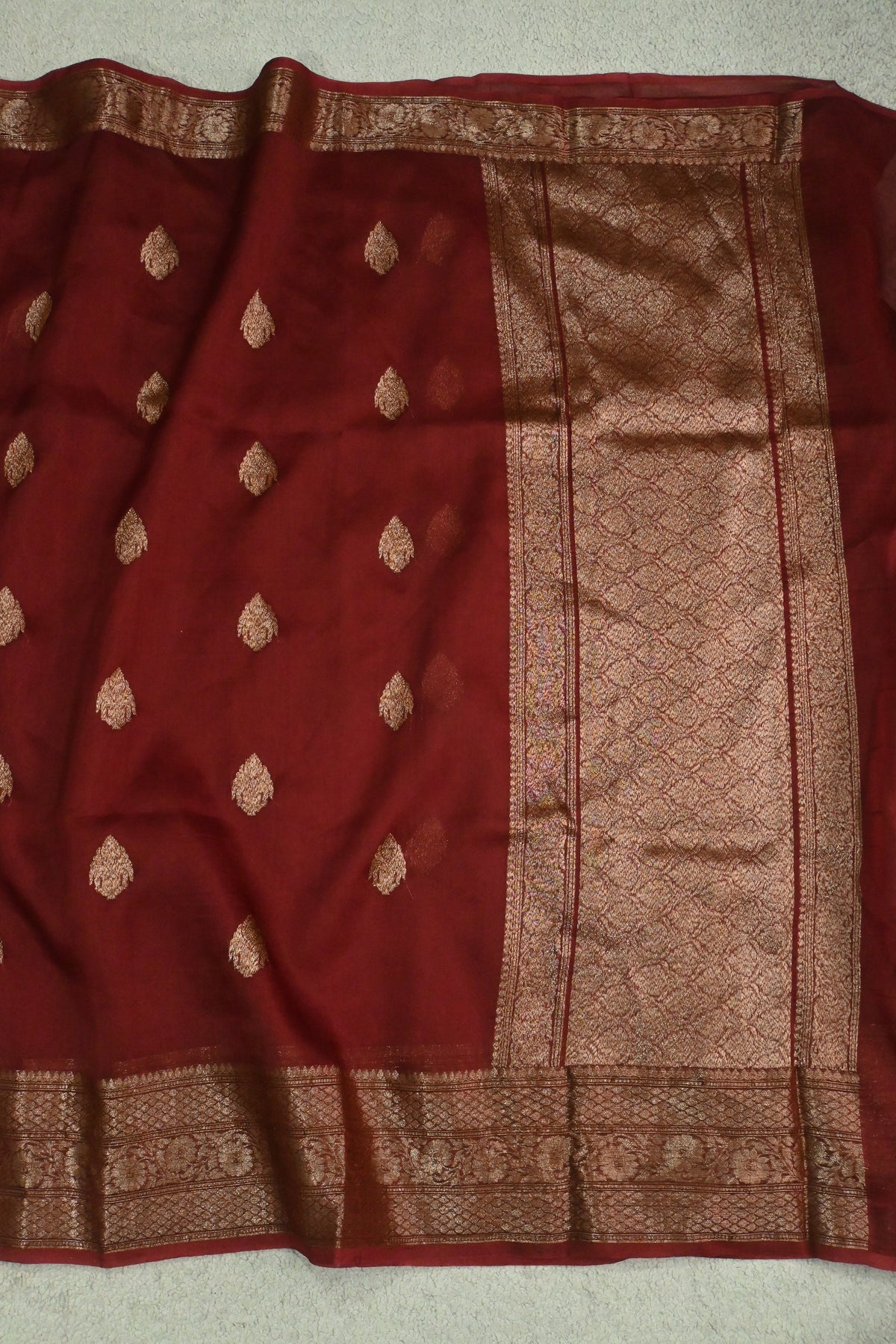 Handcrafted Maroon Pure Kora Organza Silk Saree with Antique Zari Work