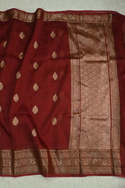 Handcrafted Maroon Pure Kora Organza Silk Saree with Antique Zari Work