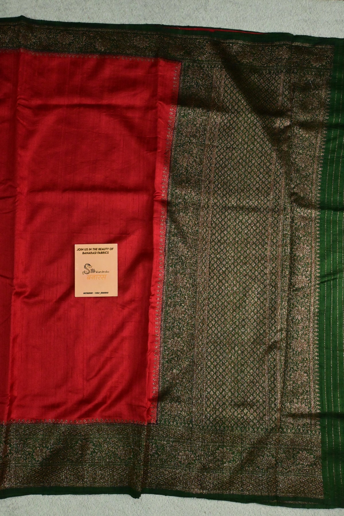 Handloom Pure Raw Silk Red & Green Saree with Antique Weave