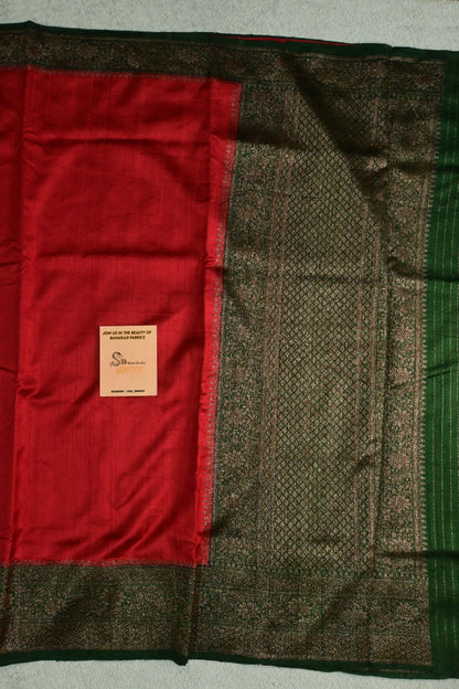 Handloom Pure Raw Silk Red & Green Saree with Antique Weave