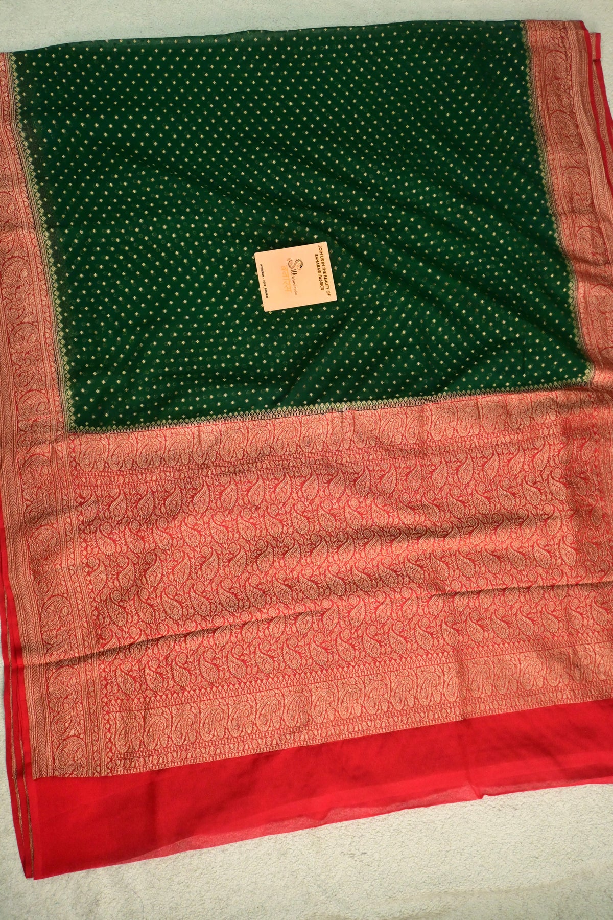Emerald Green Pure Khaddi Georgette Saree with Antique Zari Konia & Paisley