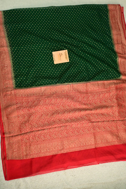 Emerald Green Pure Khaddi Georgette Saree with Antique Zari Konia & Paisley