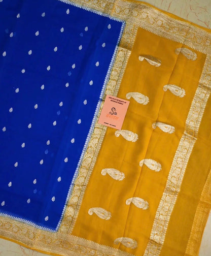 Handwoven Pure Khaddi Chiffon Saree in Royal Blue & Mustard Yellow with Silver Zari